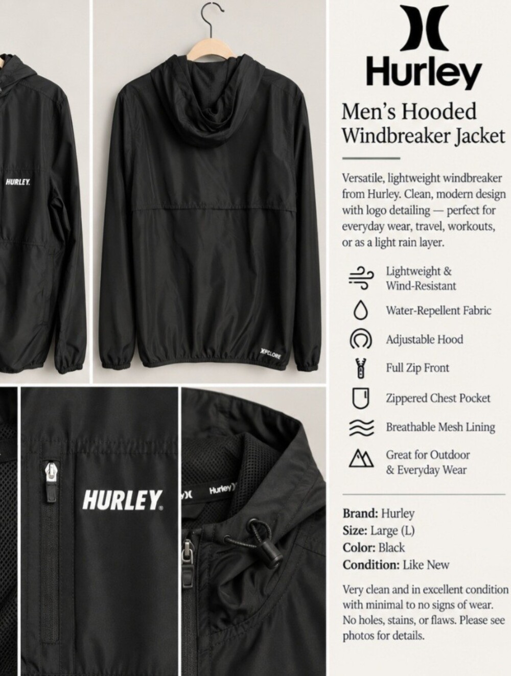 Hurley Men’s Black Hooded Windbreaker Jacket Size Large